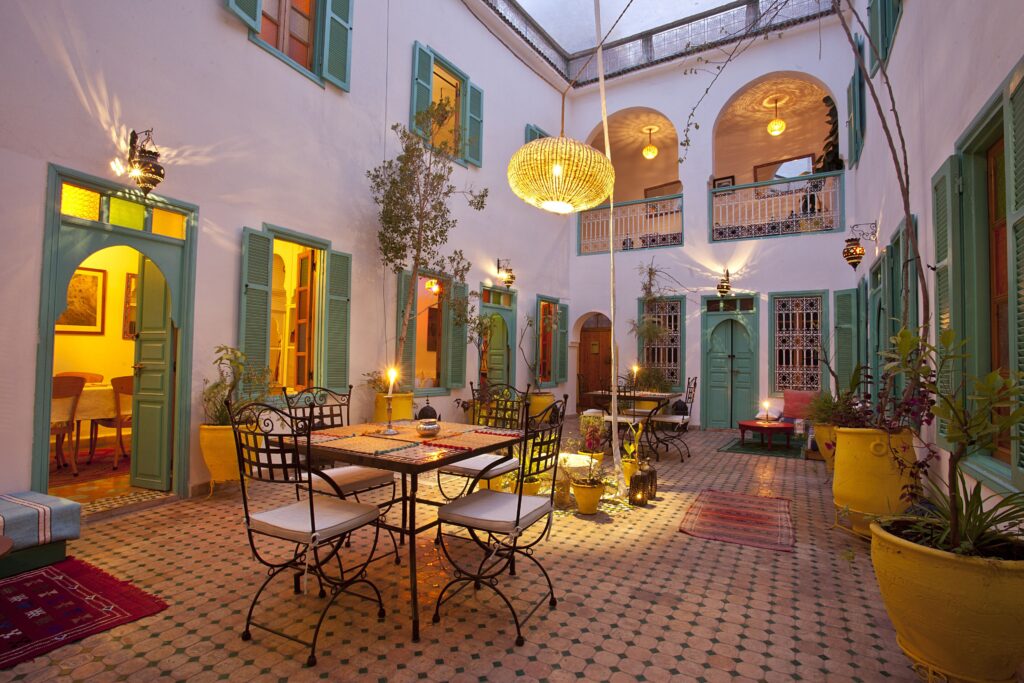 The interior courtyard of Riad Dar Aida - a budget-friendly hotel for solo travellers in Marrakech