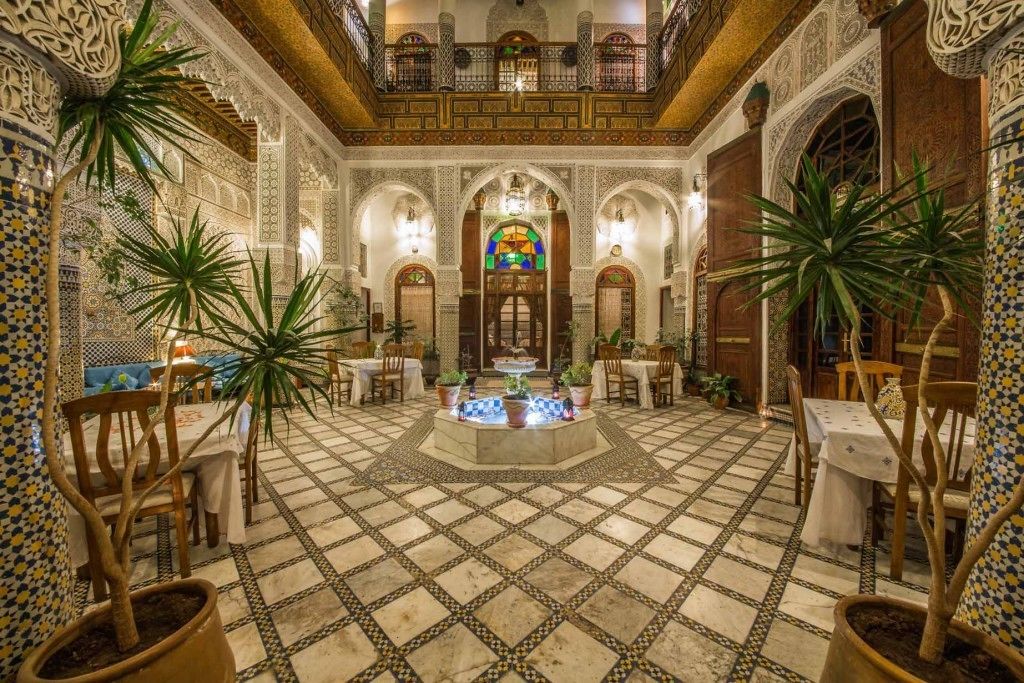 The interior courtyard of Riad Sara, a budget-friendly hotel in Fes for solo travellers