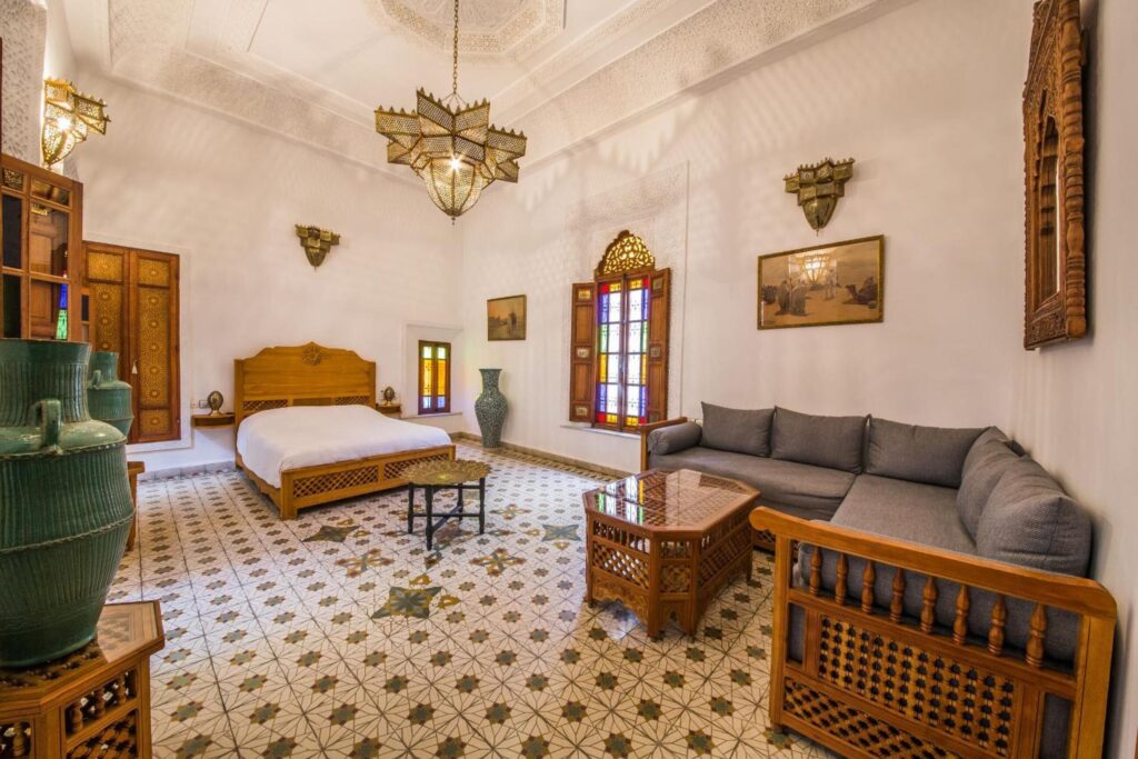 A spacious suite at Dar Dalila - one of the best places to stay in Fes for solo travellers