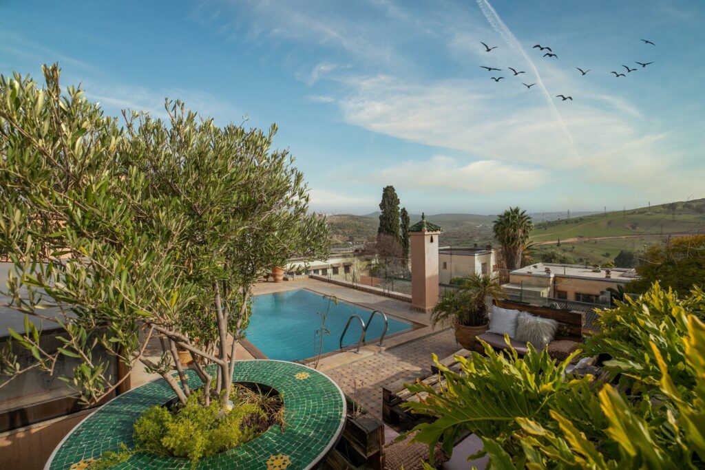 The rooftop pool at Riad Semlalia, overlooking the hills surrounding Fes