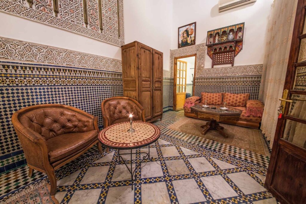 A spacious suite at Riad Sara, an affordable riad in Fes for solo travellers