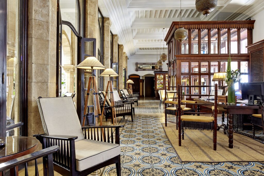 The tastefully decorated reception area at Heure Bleue Palais in Essaouira