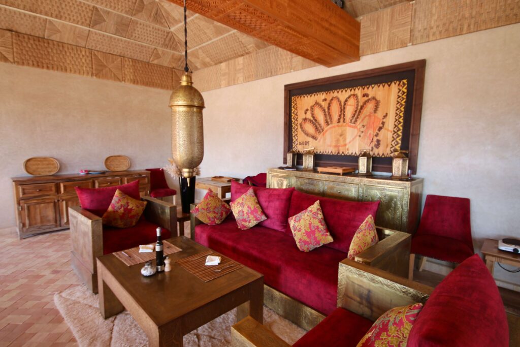 A lounge at a luxury desert camp in Agafay, Morocco