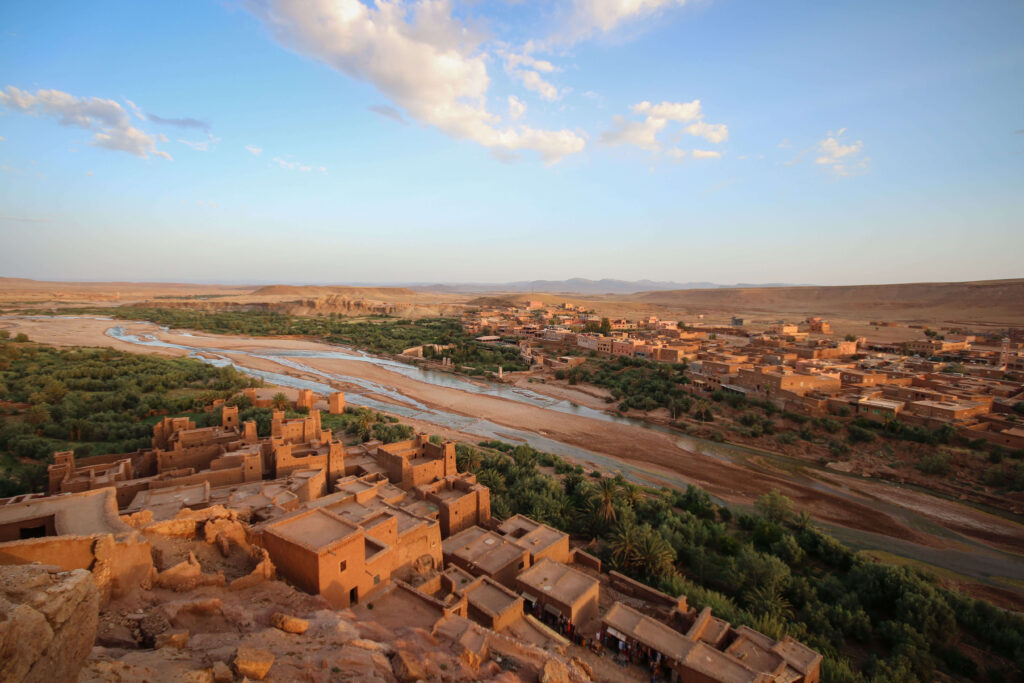 Sunset illuminates the ancient ksar of Ait Benhaddou in Morocco