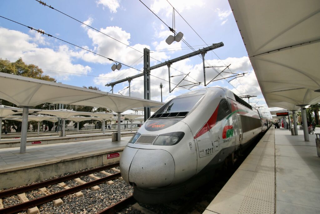 The front of an Al Boraq high-speed train parked at a station in Morocco