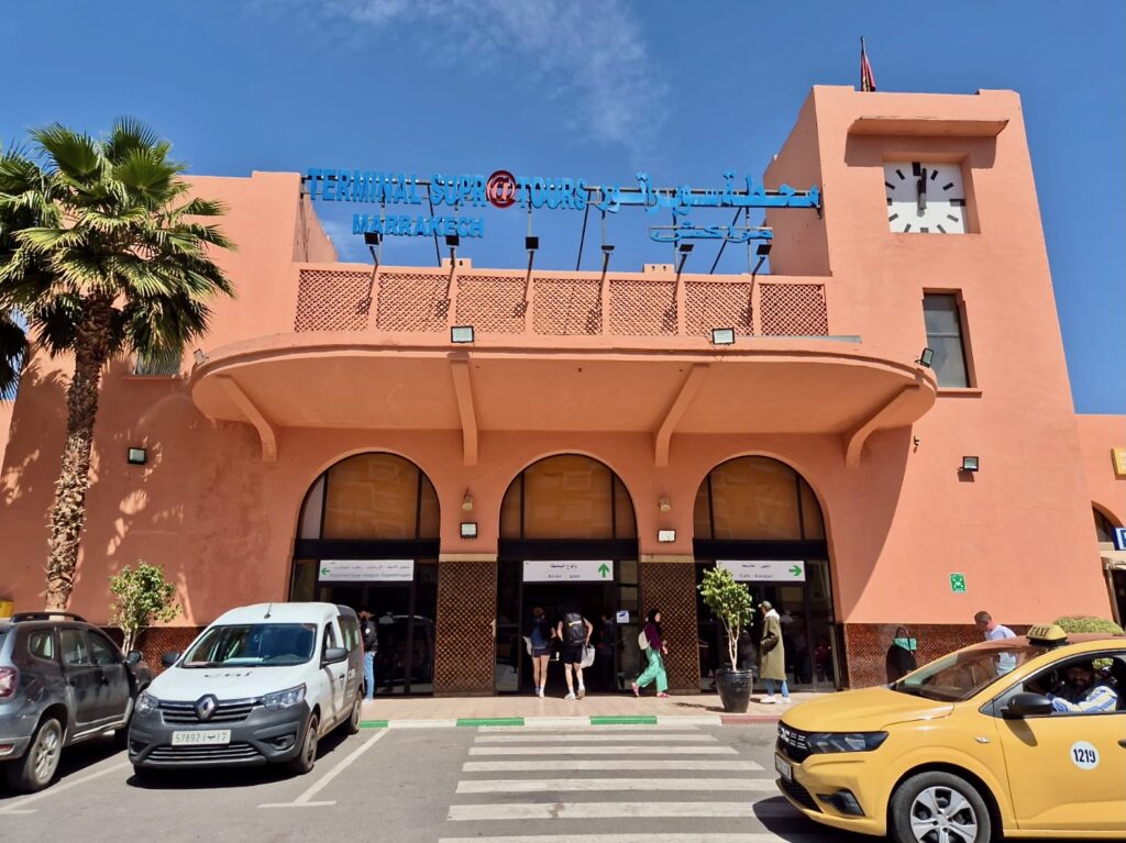 Outside the Supratours bus terminal in Marrakech, which is conveniently located near the railway station