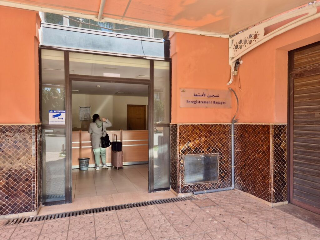 A baggage registration counter at a bus station in Marrakech, Morocco