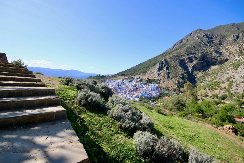Is Morocco good for solo travelling? Views across Chefchaouen from the path leading to the Spanish Mosque