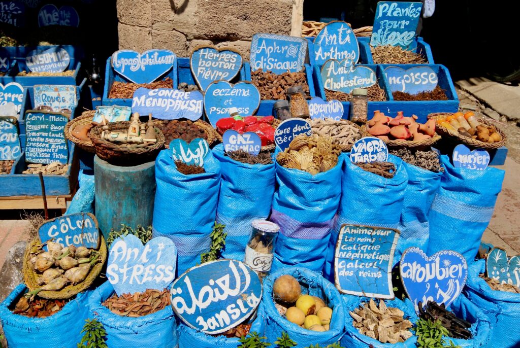 Moroccan food experiences: Natural medicinal products for sale in the Essaouira medina