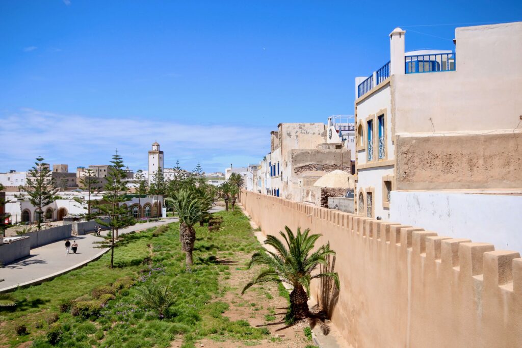 A park beside the city walls of Essaouira - a popular destination for solo travel in Morocco