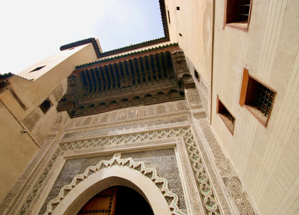 Morocco travel tips February: The ornately decorated facade of the Nejjarine Museum of Wooden Arts & Crafts in Fes