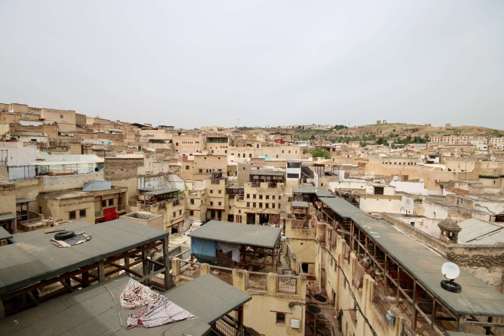Views across the Fes medina from one of the tanneries