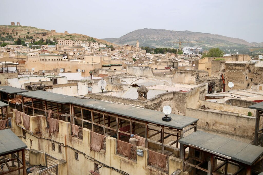 Animal hides hanging to dry at a leather tannery in the Fes medina