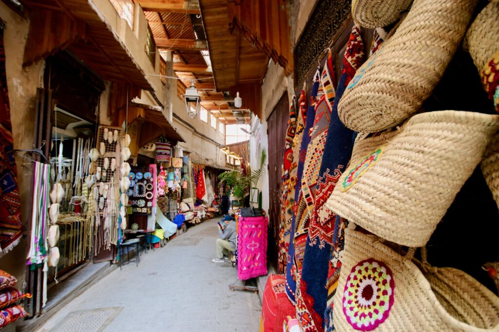 Handicrafts for sale in a Fes souk on a small-group guided tour of the medina