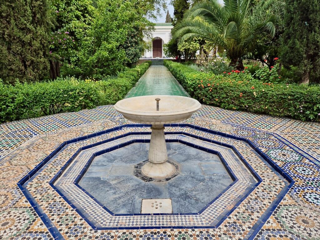 A tiled fountain in the Andalusian-style garden of Dar Batha in Fes