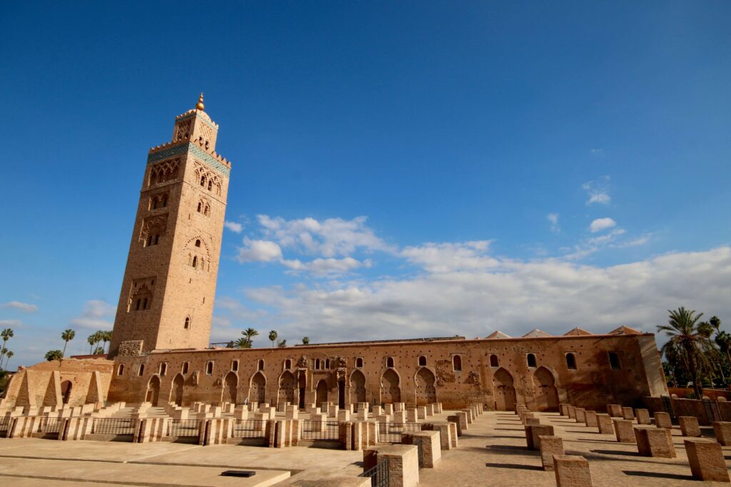The towering minaret of Koutoubia Mosque in Marrakech, one of Morocco's most popular destinations for solo travellers