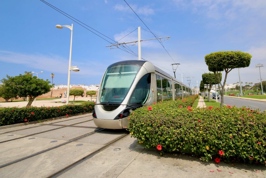 A modern tram travels between Sale and Rabat in the Moroccan capital