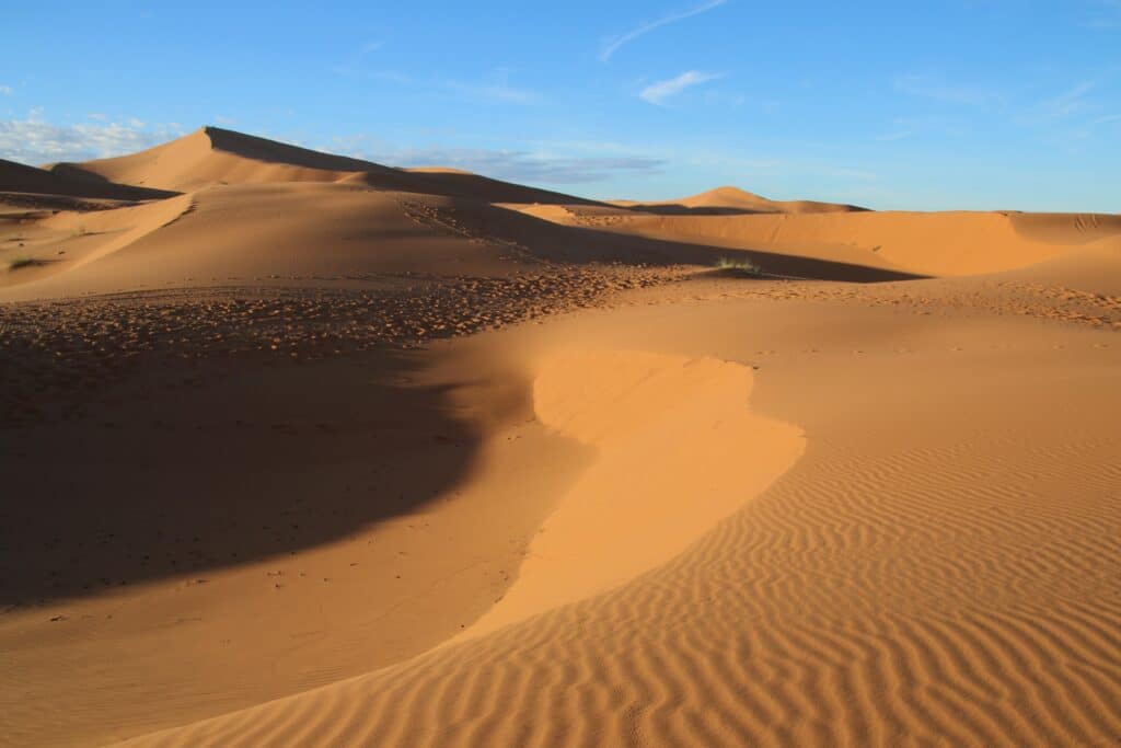Wind-sculpted dunes in the Sahara Desert of Morocco
