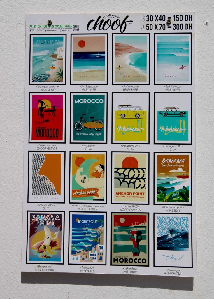 Vintage style posters on display in Taghazout - an ideal destination for solo travellers in Morocco