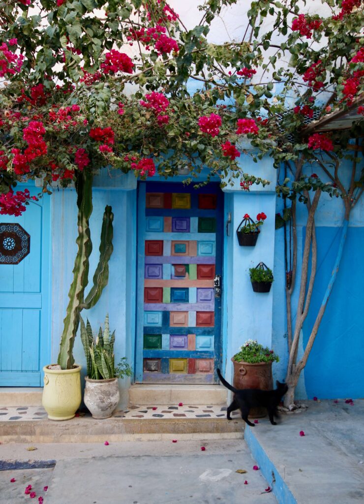 Morocco packing guide: Bougainvillea adorns a blue building in the surf village of Taghazout