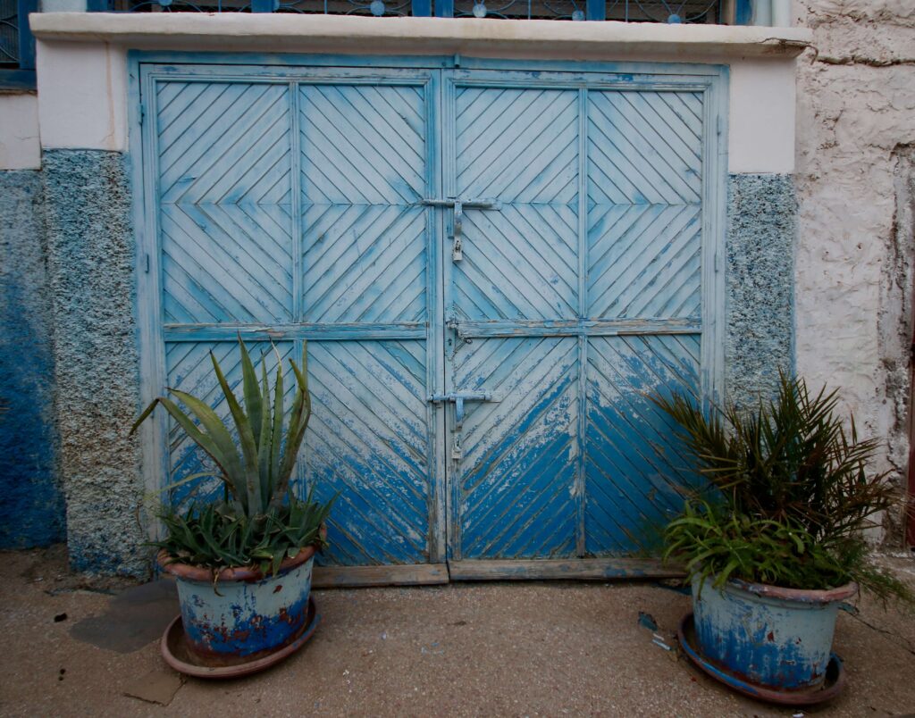 Solo traveller's guide to Agadir: A blue garage door framed by pot plants