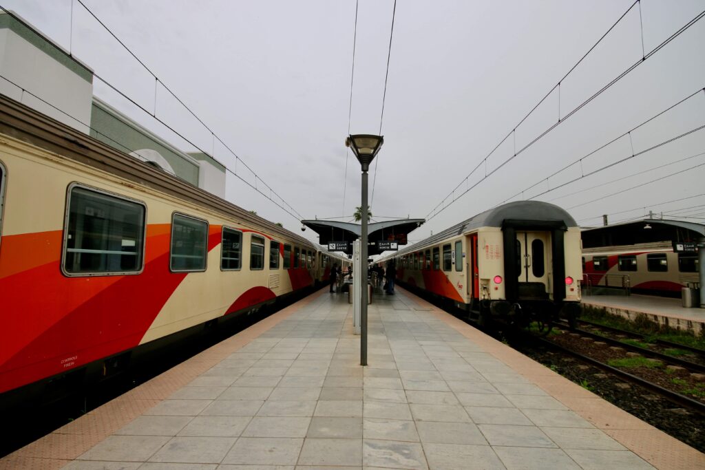 Two ONCF trains parked at a station in Morocco