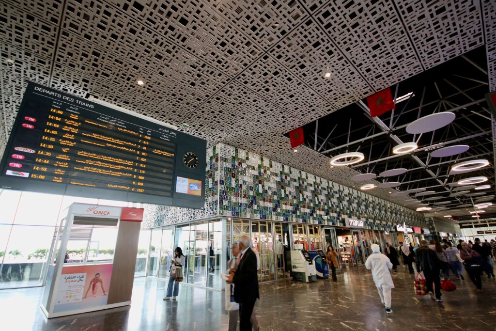 A departure signboard at Casa Voyageurs railway station in Morocco