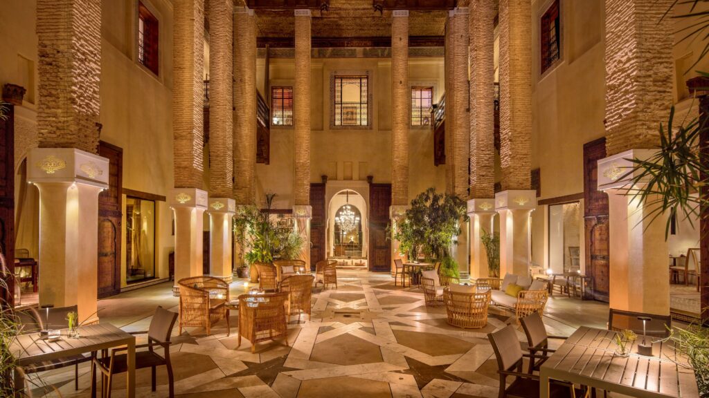 An elegant interior patio at Karawan Riad in Fes, Morocco