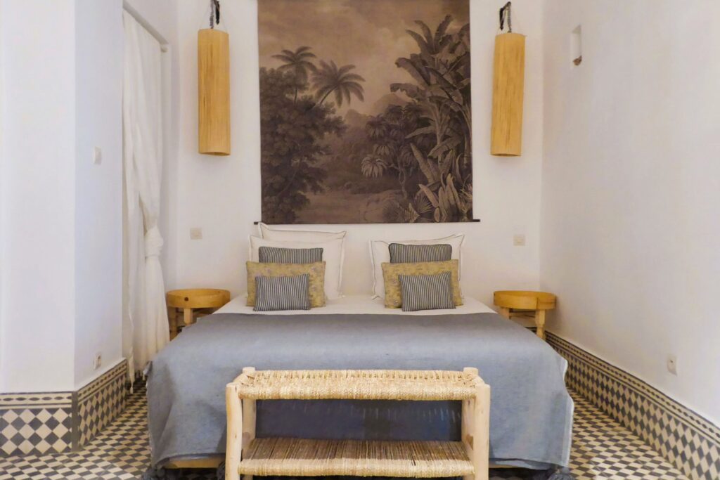 One of the stylish rooms at Riad Lyon Mogador - a perfect hotel for solo travellers in Essaouira