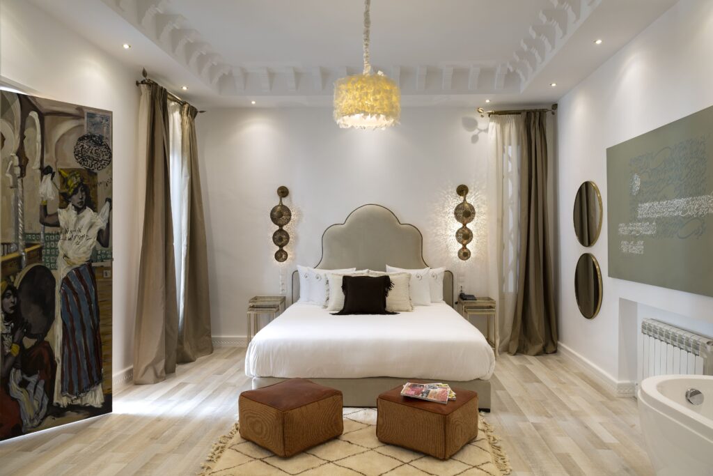 One of the beautifully decorated rooms at Suite Azur Hotel in Essaouira, Morocco