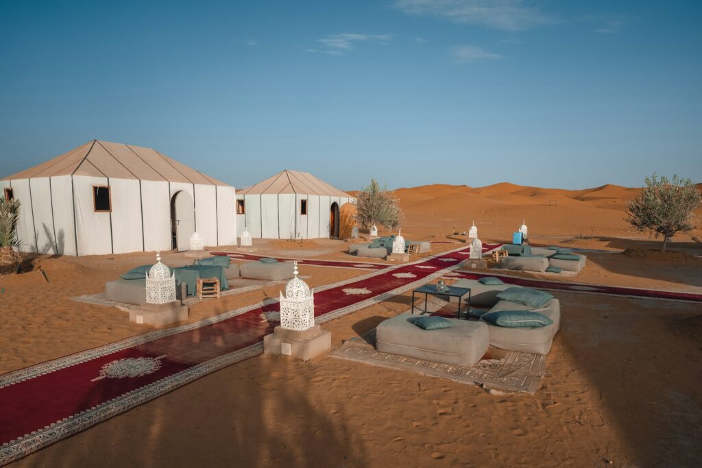 A luxury desert camp in the Sahara - a popular destination for solo travel to Morocco