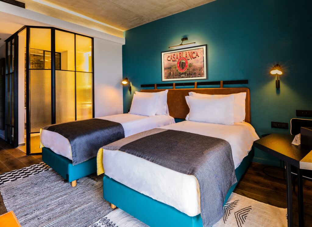 A stylish room at a mid-range Casablanca hotel for solo travellers