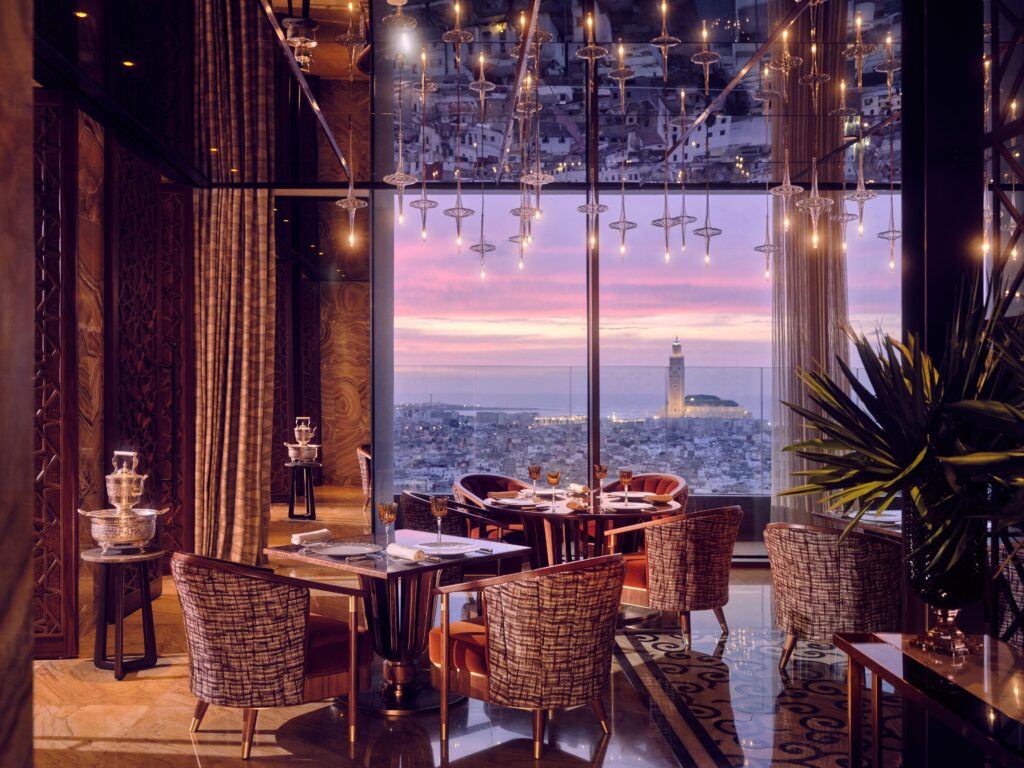 A restaurant at a Casablanca hotel with views of Hassan II Mosque