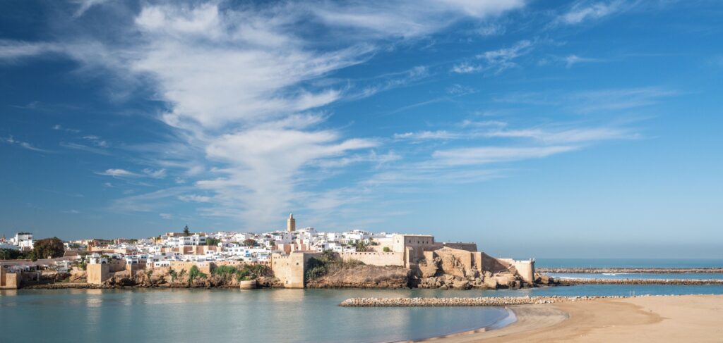 Views across Rabat and the Kasbah of the Oudaias from a luxury hotel in Sale, Morocco