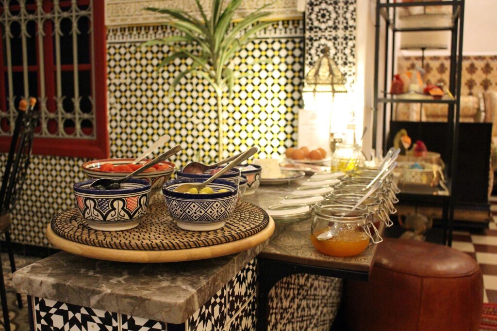 A breakfast buffet laid out at a riad in the Rabat medina