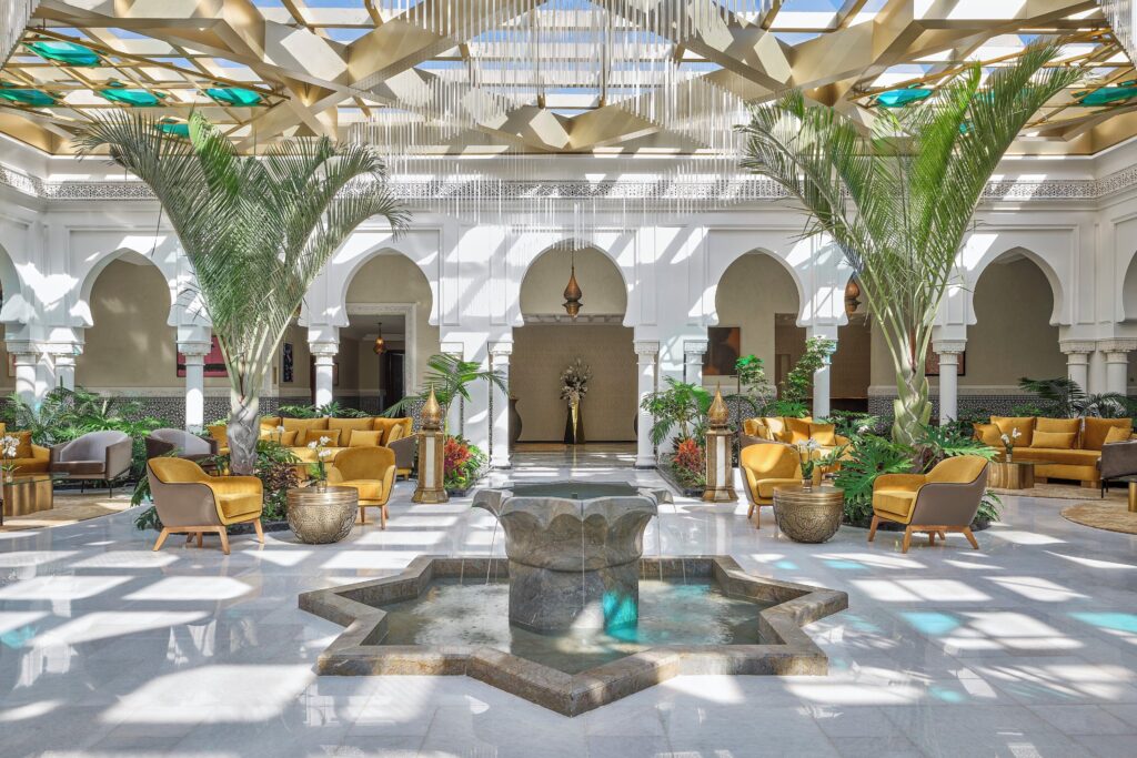 An opulently decorated fountain courtyard at a luxurious hotel in Rabat