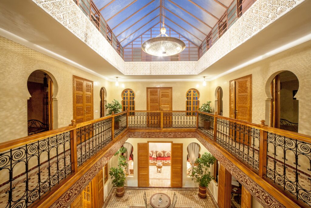 An illuminated courtyard at an affordable riad in the Rabat medina