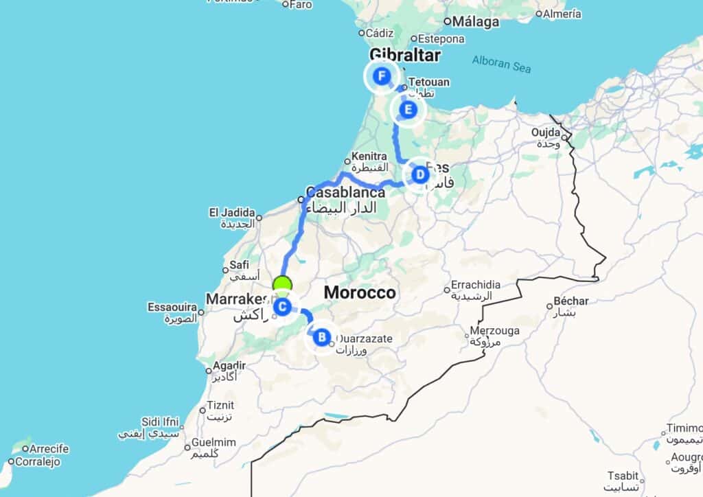 Map for a 7-day Morocco Itinerary for Solo Travellers